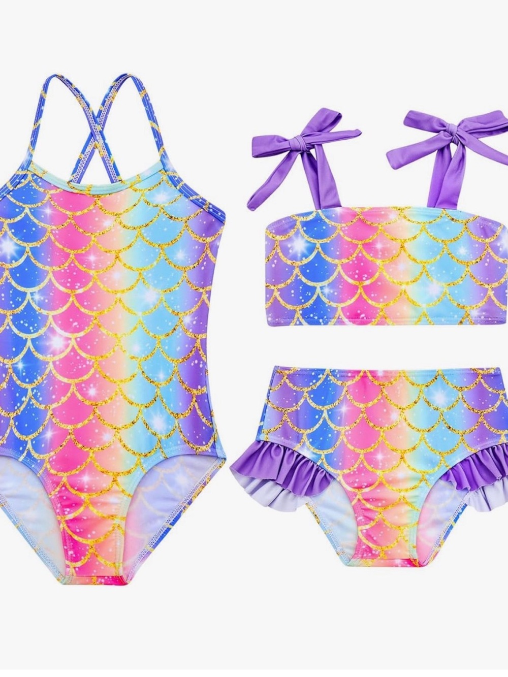 Girls Rainbow Mermaid Scale Swimsuit Set - Purple Accent